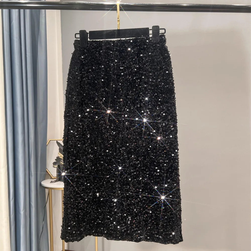 French High-waisted Slim Skirt High-quality Shiny All-match Mid-length Thickened Hip Skirt Split Black Sequin Skirt Women