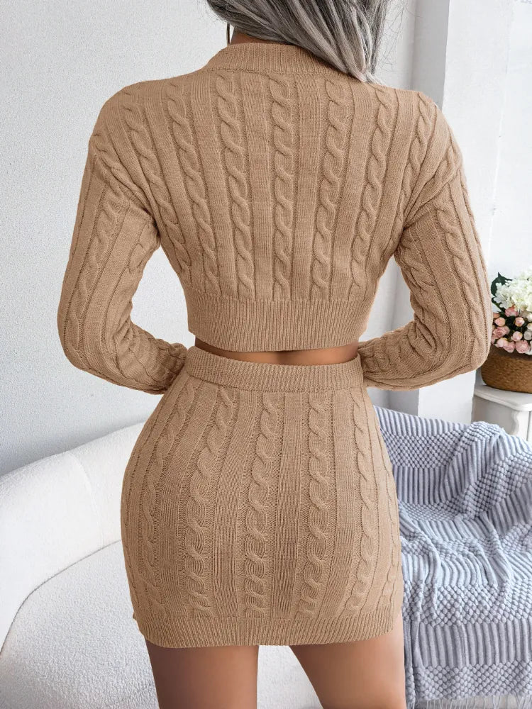 Sexy Sweater Sets 2024 Autumn Winter New Solid Knit Long Sleeve Top Wrap Hip Skirt Suits Show Waist Women ClothesCasual Sweaters