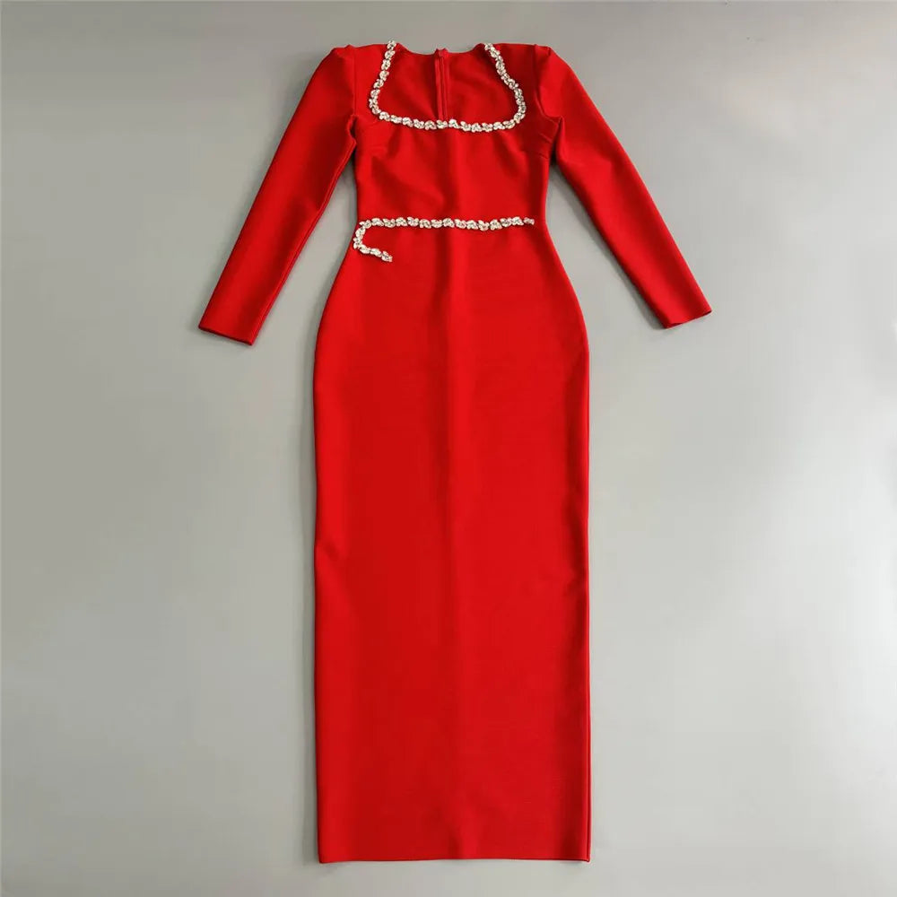Red Color Women Long Sleeve Square Collar Shinning Crystal Bodycon Long Bandage Dress Celebrate Nightclub Party Outfit