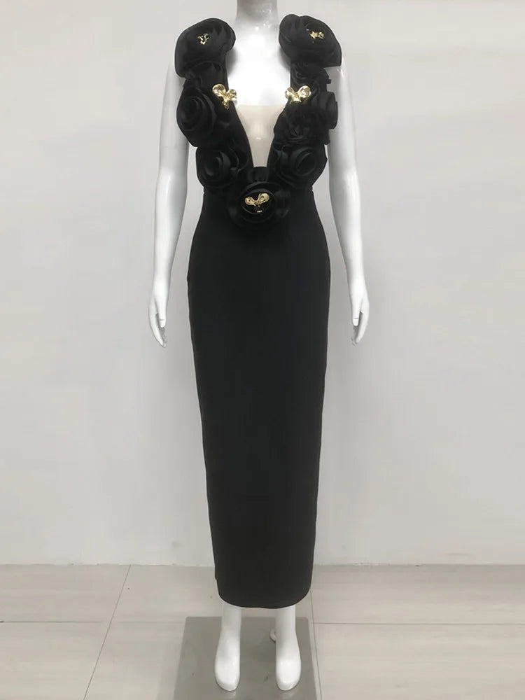 Chic Women Celebrity Sexy Deep V Neck Flower Black Maxi Long Bandage Bodycon Dress 2025 Elegant Evening Club Party Outfit