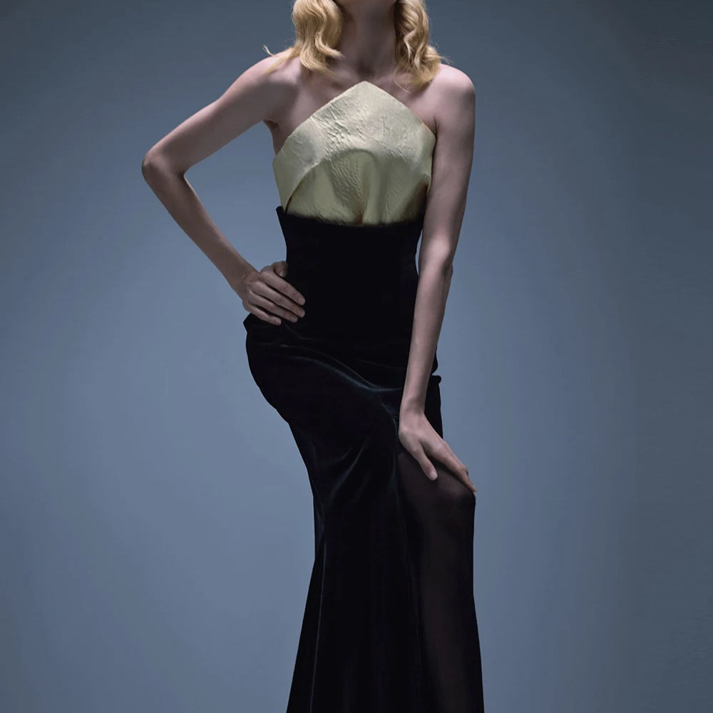 UpAvonu Elegant Strapless Patchwork Velvet Mermaid Long Dress Women Sexy Sleeveless Folds Slim Evening Runway Party Gown