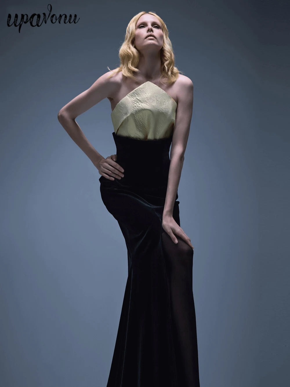 UpAvonu Elegant Strapless Patchwork Velvet Mermaid Long Dress Women Sexy Sleeveless Folds Slim Evening Runway Party Gown