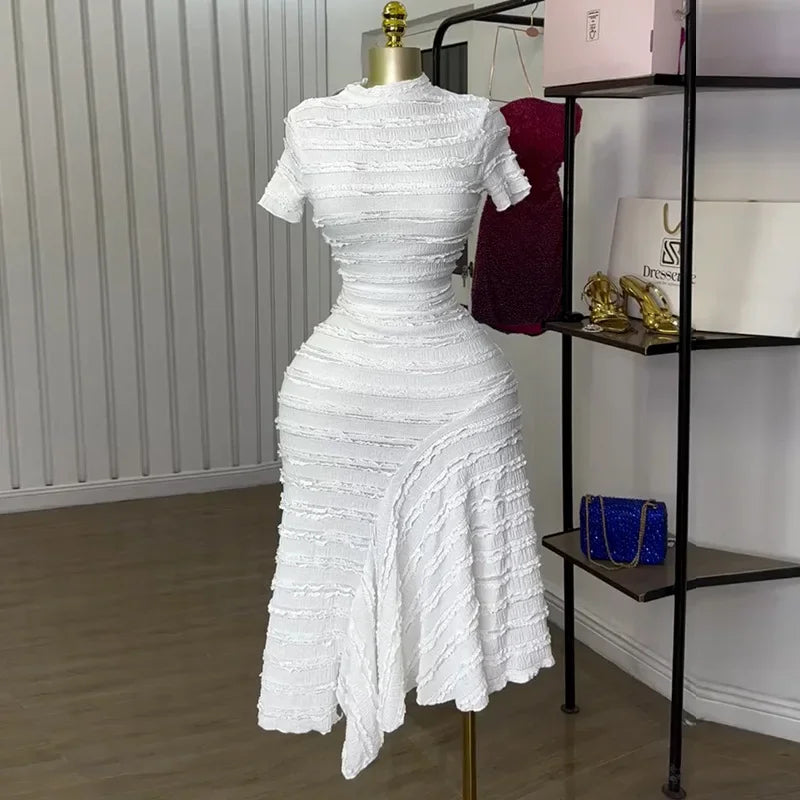 Women Short Sleeve O-neck Big Swing Elastic Dress 2025 Sweet Elegant Sexy Birthday Beach Night Party Vestidos Dresses White