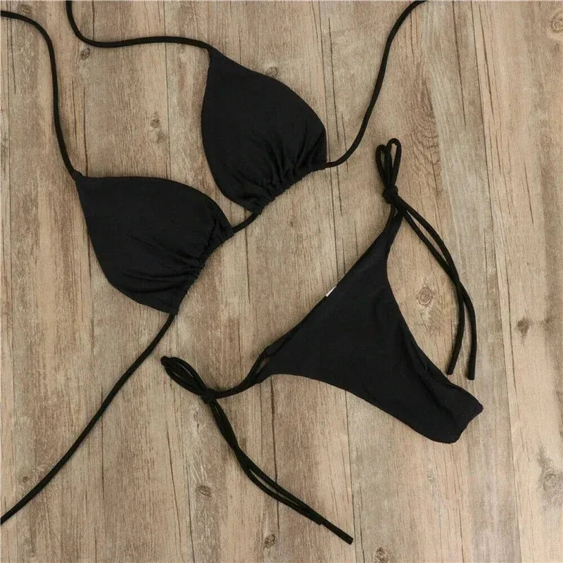 Women Thong Bikini Set Side Tie Sexy Swimsuit Bandage Style Brazilian Swimwear Neck Hanging Solid Color Adjustable Swimsuit Set