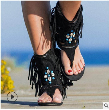 Rétro femmes frange fleur chaussures à semelles compensées solide troupeau plage sandales décontractées femmes été tongs sandales