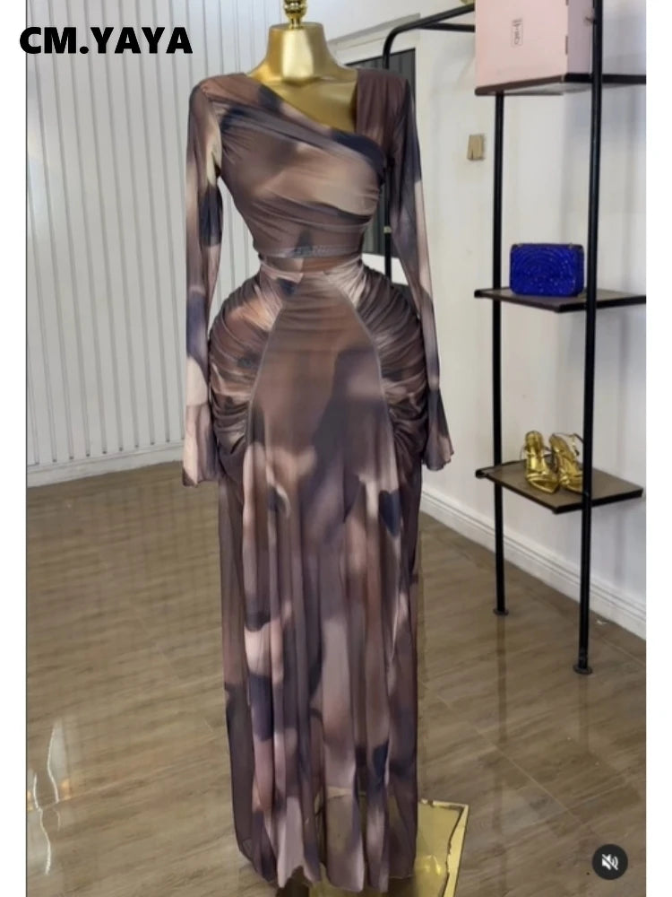 CM.YAYA Women Tie Dye Printed Skew Neck Flare Long Sleeve Ruched Stacked Maxi Long Dress 2025 Summer Birthday Sexy Party Dresses
