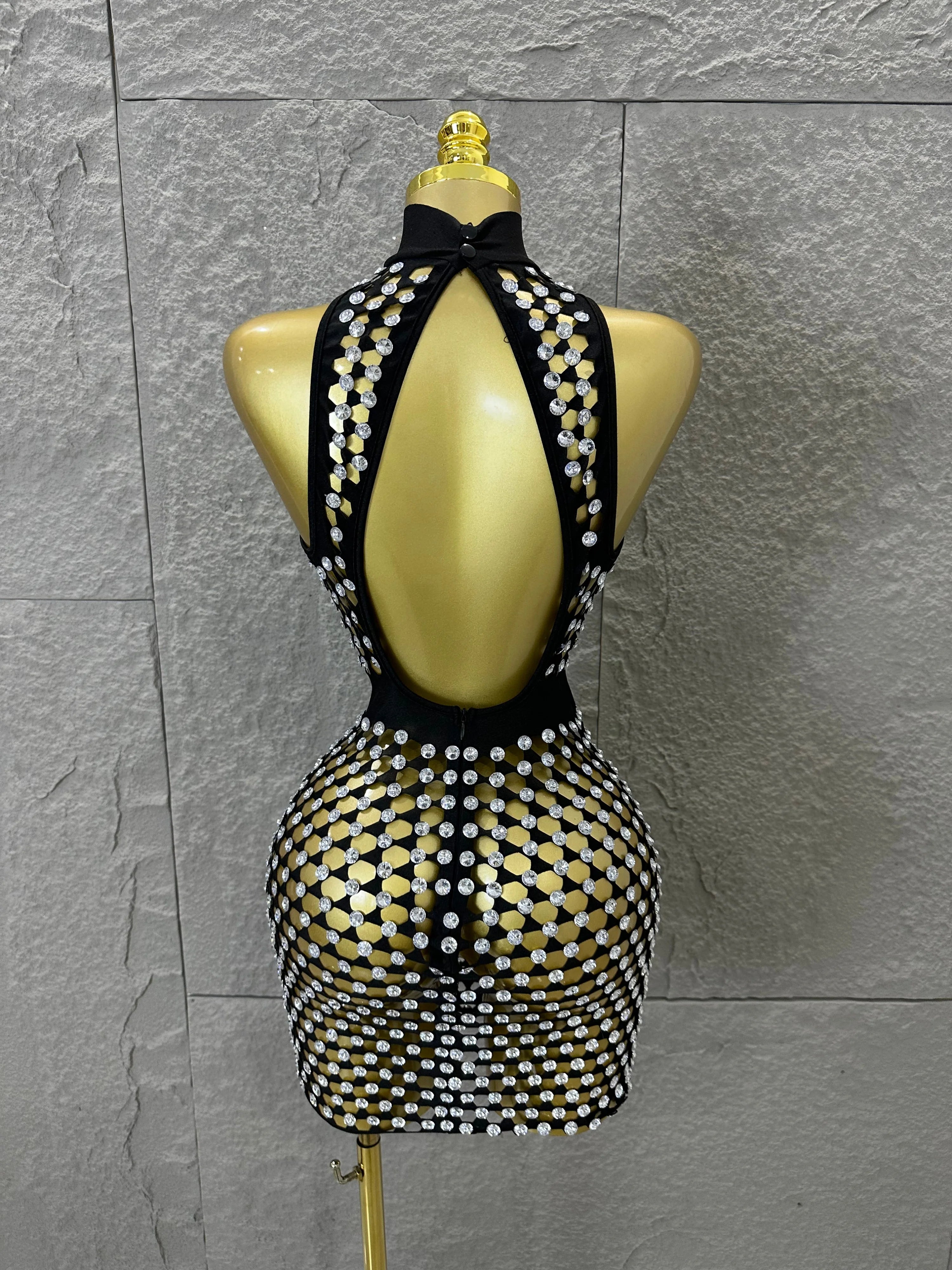 Luxury 2026 Glamorous Black Mesh Halter Mini Dress Sparkle Rhinestone Gold Silver Bead Bodycon Bar Stage Performance Costume