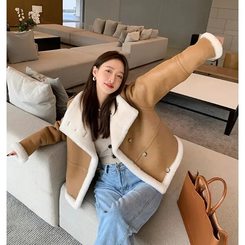 Lady Fashion Wool Jackets Women Fashion Real Wool Lamb Fur Coat Winter Jacket LSBH69