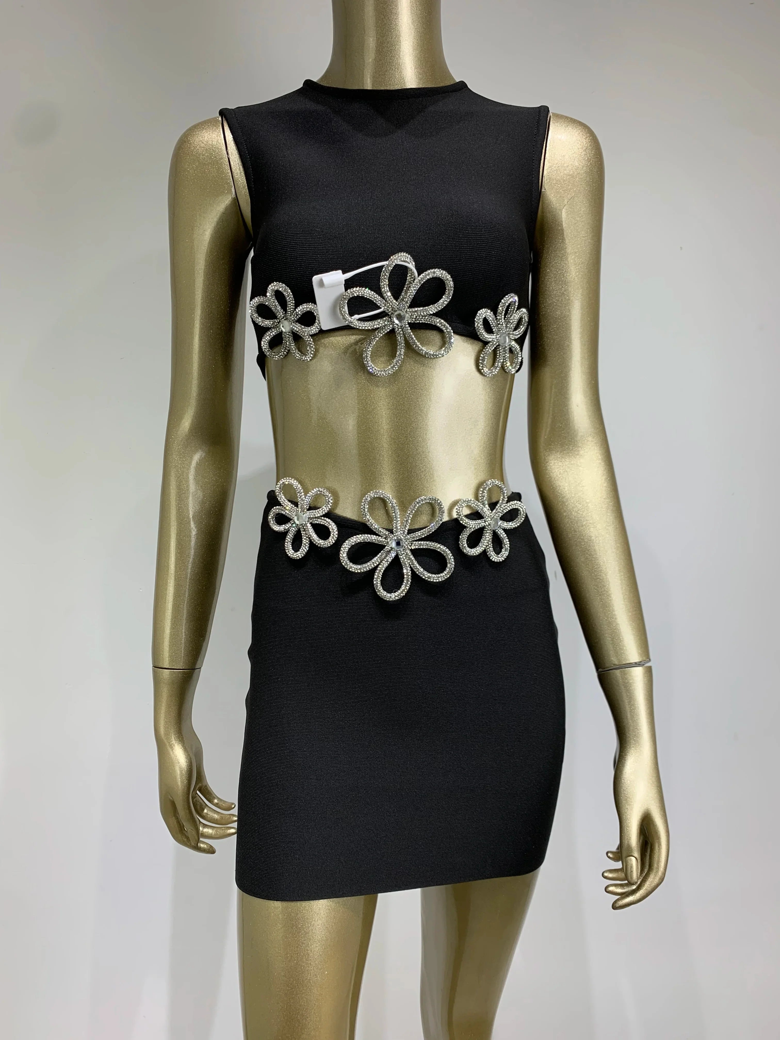 Women Summer Celebrity Sexy Sleeveless Diamonds Black Mini Bandage Skirt Set Knitted Elegant Evening Club Party Dress