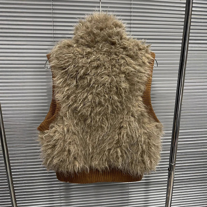 Autumn Winter New Versatile Style Sleeveless Simple Furry Vest For Women Stand Collar Zipper Sleeveless Coat 11A07567