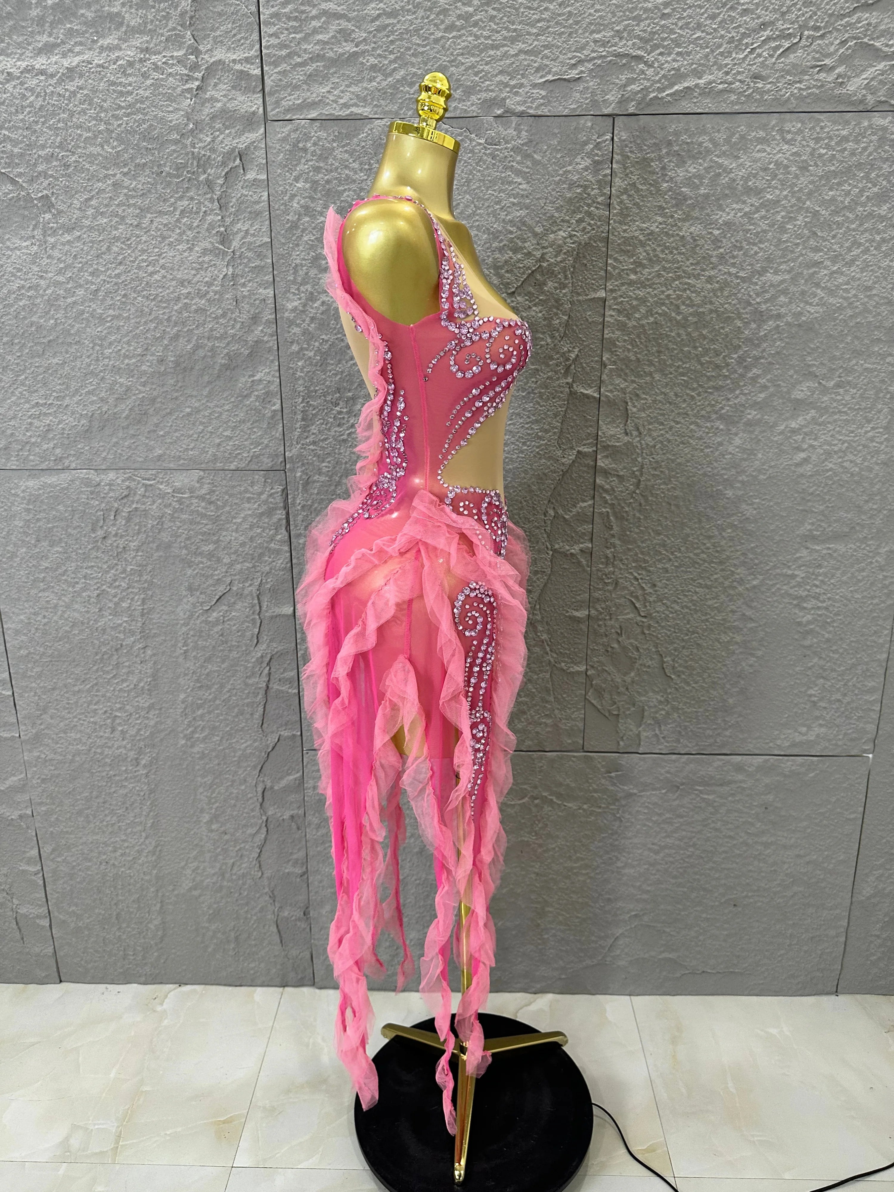Women Sheer Mesh Rhinestone Ruffle Embellished Latin Dance Performance Costume Elegant Pink Spaghetti Strap Mini Dress