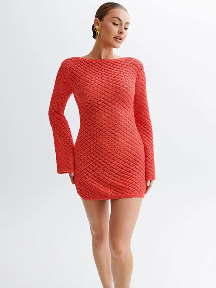 Mozision Backless Long Sleeve Knit Mini Dress For Women Fashion Elegant Spring Summer See Through Beach Holiday Dress Beachwear Red