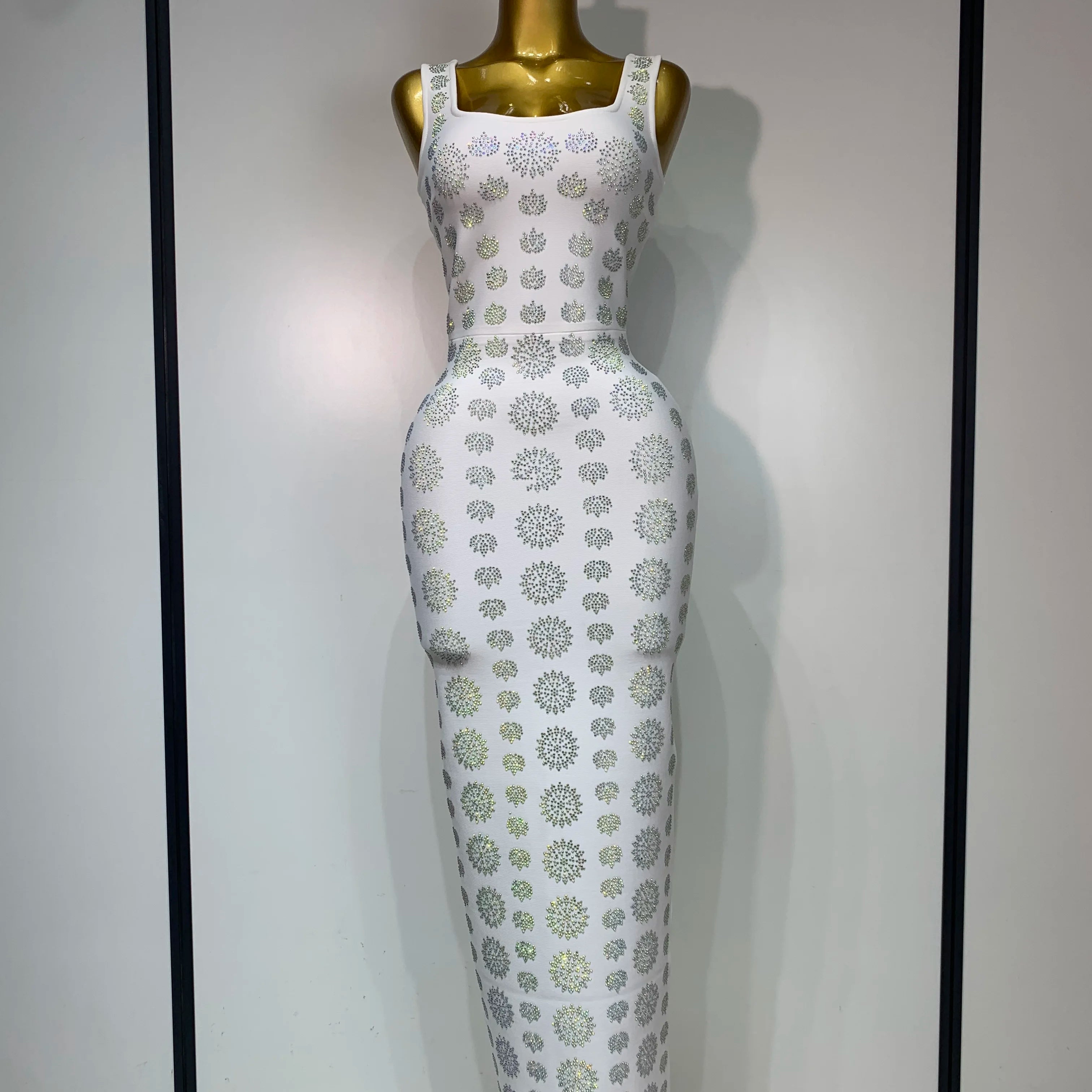 High Qulity Sparkling Diamonds Sleeveless Strech Bandage Dress Elegant Woman Evening Party Wedding Guest Luxury Birthday Dress WHITE