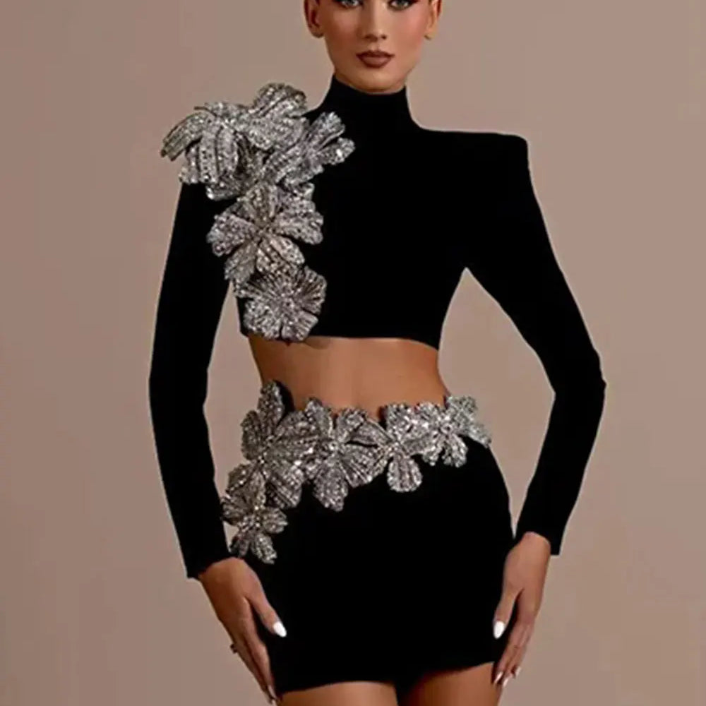 Women's Heavy Industry Nail Bead Flower Short Skirt Set High Collar Long Sleeve Tight Ultra Short Top+Mini Skirt Two Piece Set