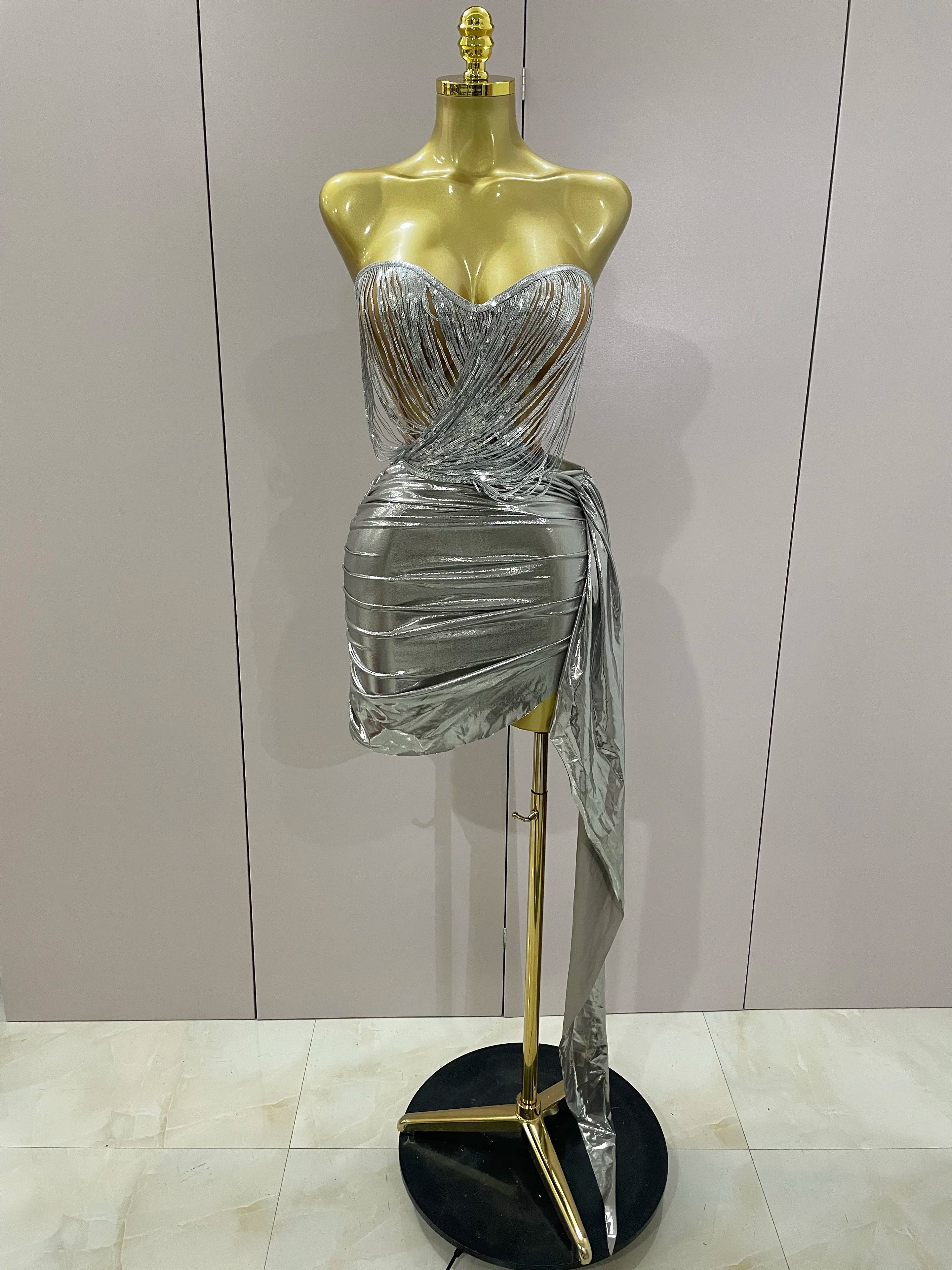 Stock Shiny Silver Sequin Tassels Mini Dress 2-piece Set 2025 New Women Evening Birthday Party Club ShootPhoto Stage Costume Gold