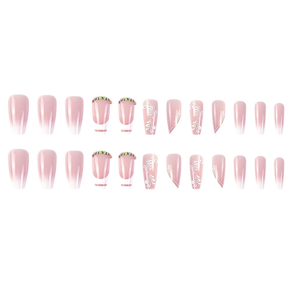 Trendy Rhinestones False Nail Tips With Print Designs Ballerina Manicure French White Fringe Coffin Fake Nails Set Press on Nail