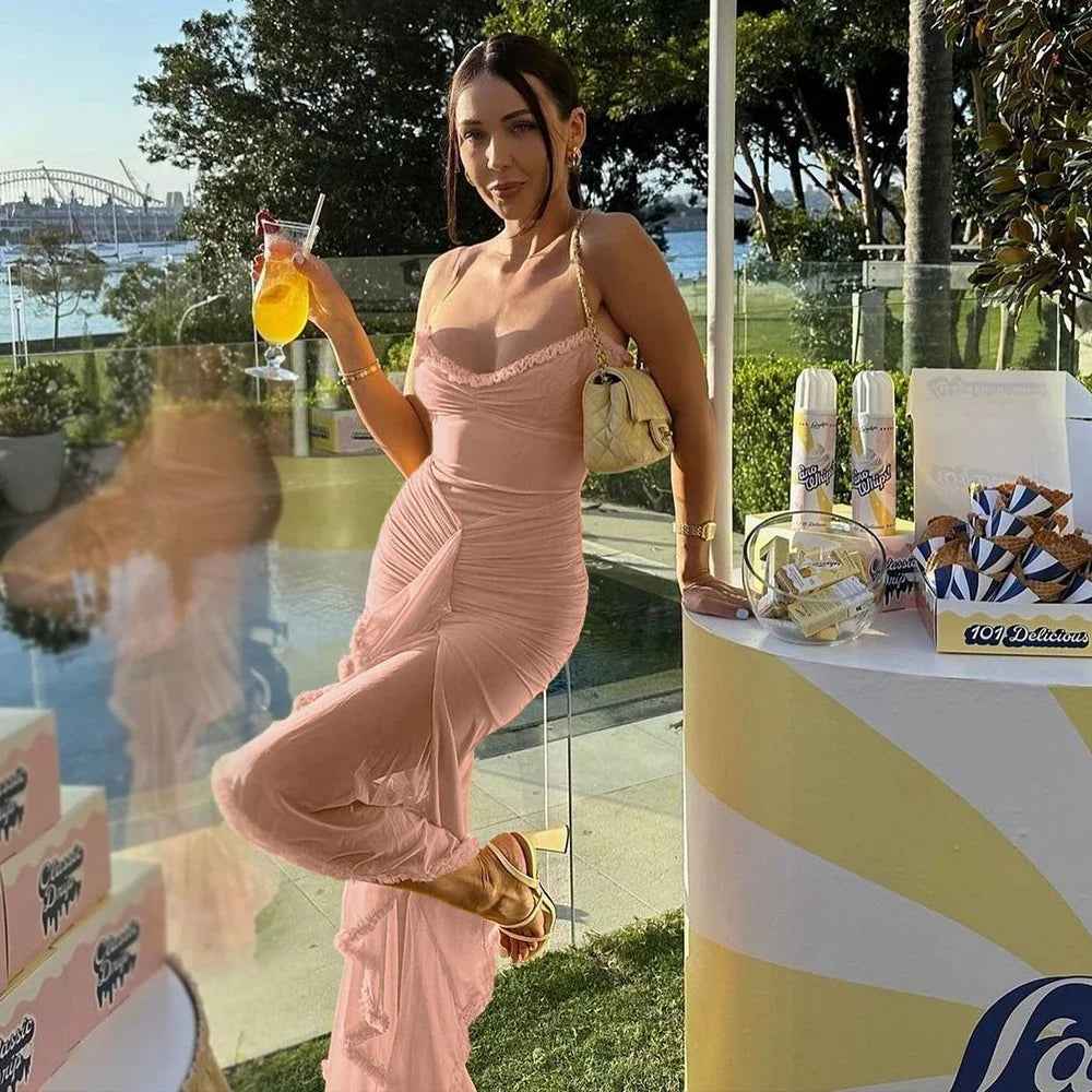 Suninheart Irregular Mesh Party Dresses 2024 New Arrivals Spaghetti Strap Bodycon Dress Fashion Ruched Long Dress Women Pink
