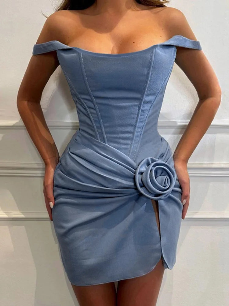 Flower Denim Mini Dress For Women Fashion Strapless Backless Ruched Dresses Femme Sleeveless Skinny Sexy Dress