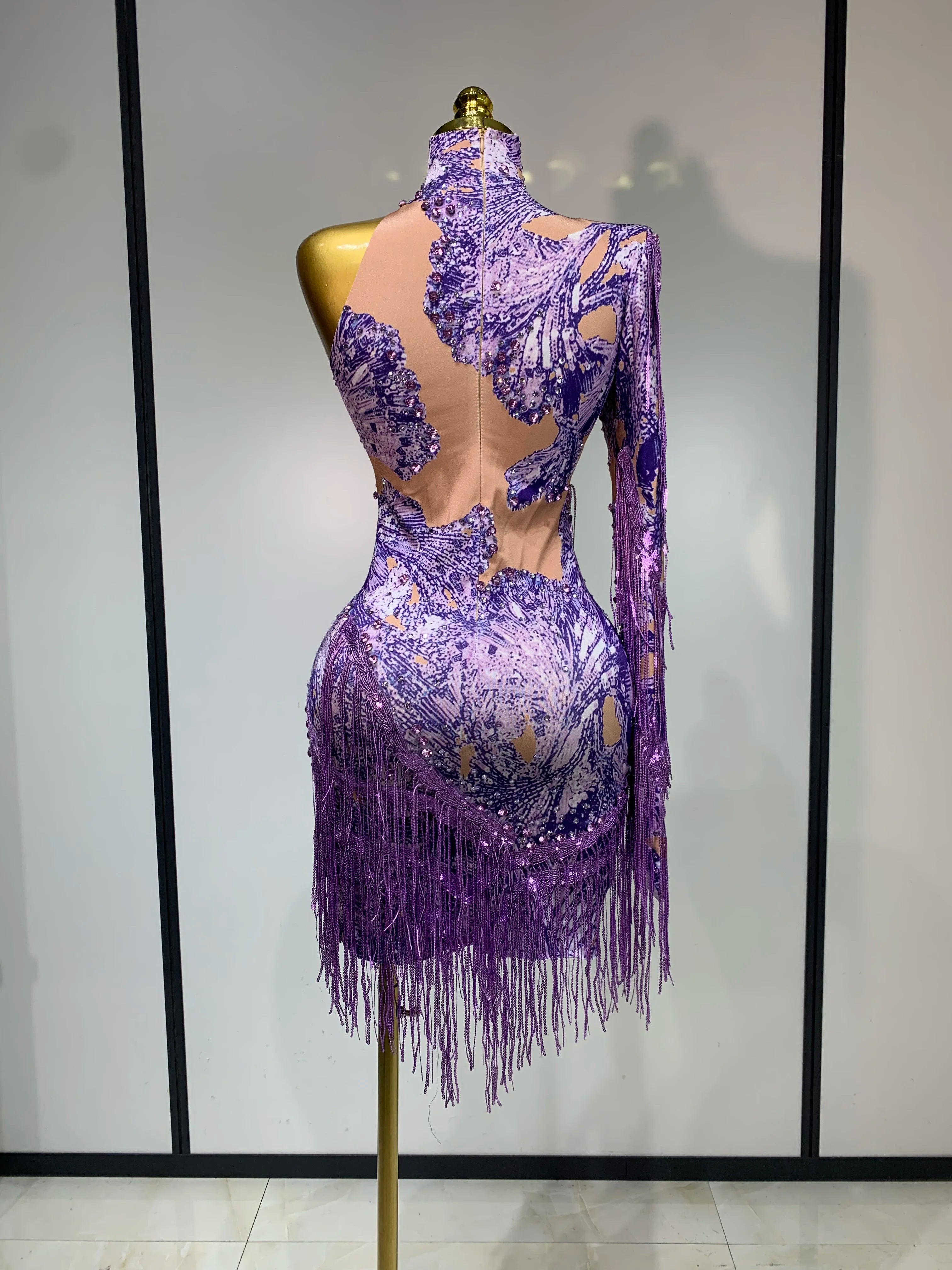 Sexy Sparkly Purple Rhinestones Tassel One Shoulder Sleeve Mini Dress Evening Party Birthday Nightclub Stage Performance Outfit