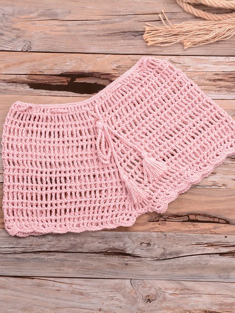 Crochet Hollow Out Tassel Beach Cover Up Sexy Women Mini Tops Beachwear Bikini Swimwear Bathing Suit Cover Up Pink Bottom One Size