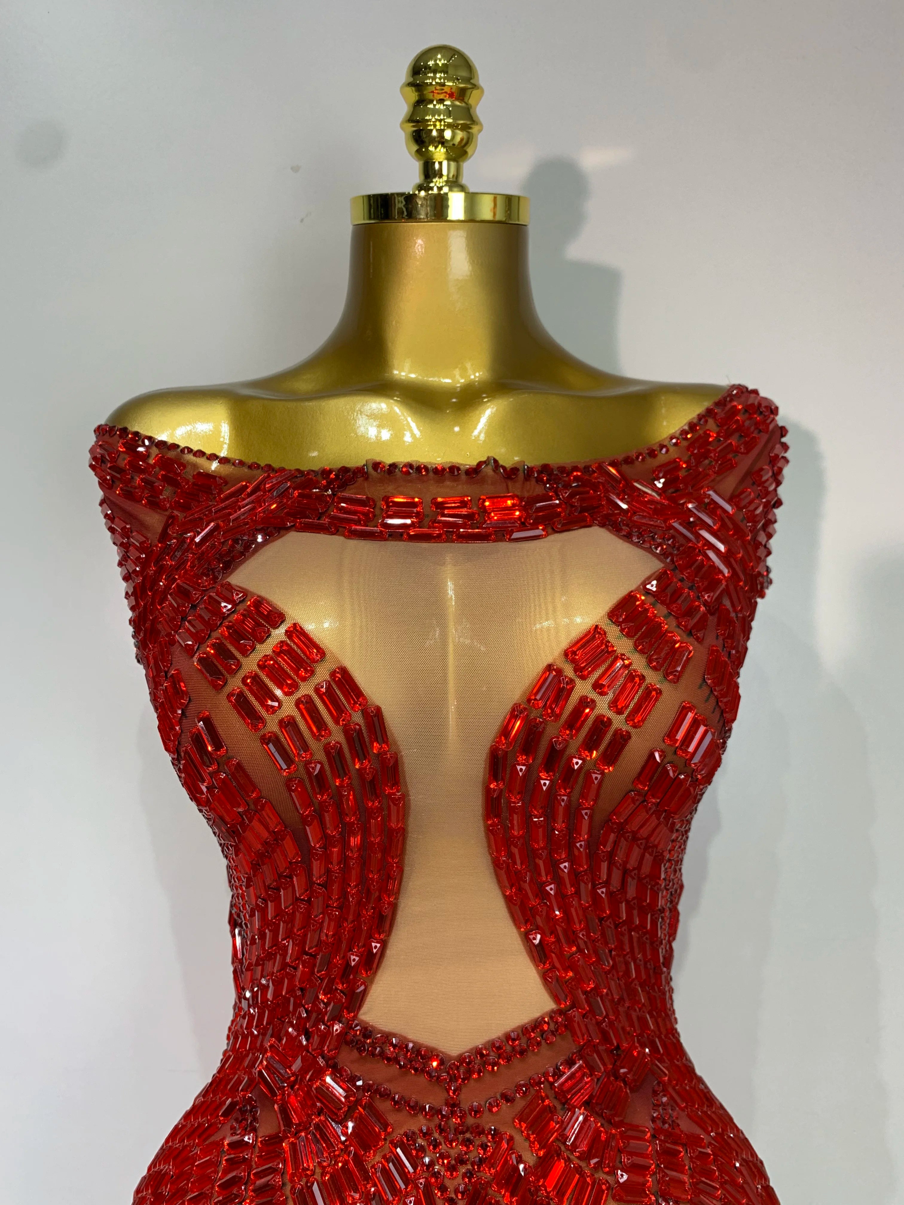 Luxury Rhinestones Sexy Mesh See Through Mini Dress Women Celebrate Birthday Evening Party Dress Stage Performance Costume