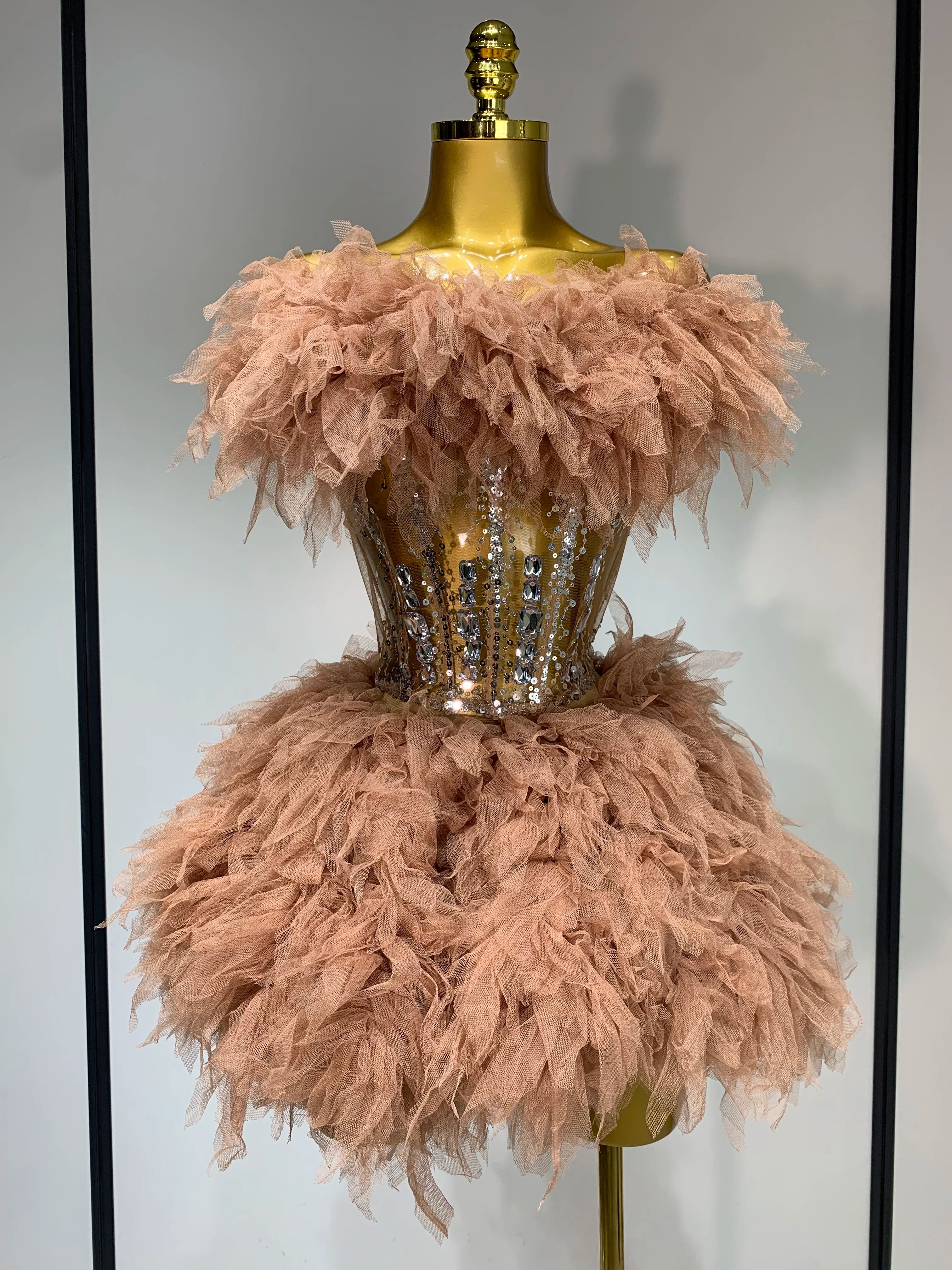 Women Sexy Strapless Mesh Two Pieces Set Celebrity Nightlcub Party Photo Shoot Outfit 2025 Prom Gown Luxury Birthday Dresses Light Brown