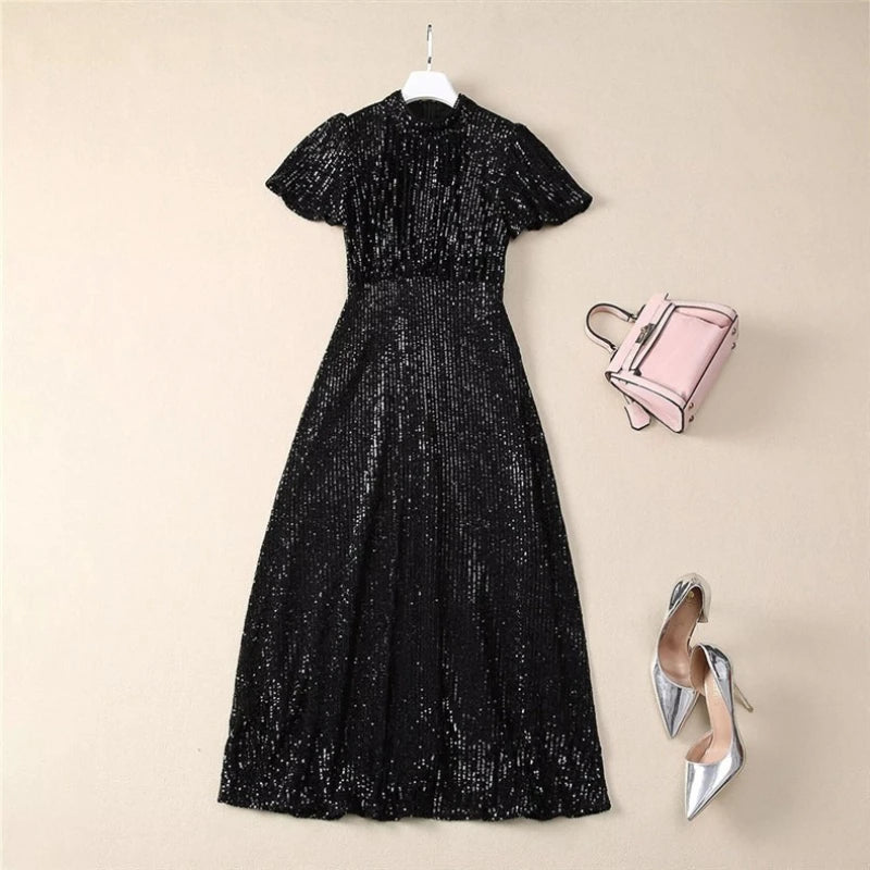 Solid Spliced Sequins Fashion Dresses for Women Round Neck Short Sleeves Patchwork Folds Elegant Dress Female New BLACK