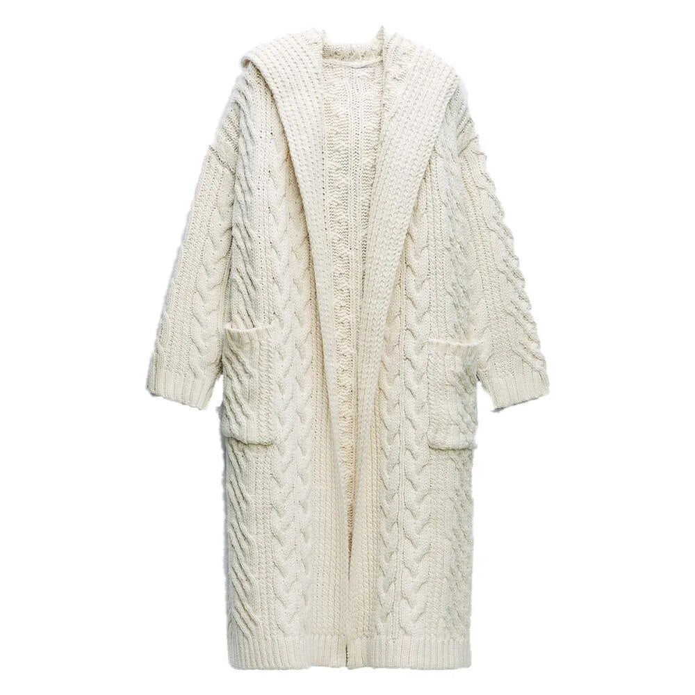 ZA-2024 new autumn and winter women's hooded eight-strand knitted jacket fashionable long cardigan jacket Beige