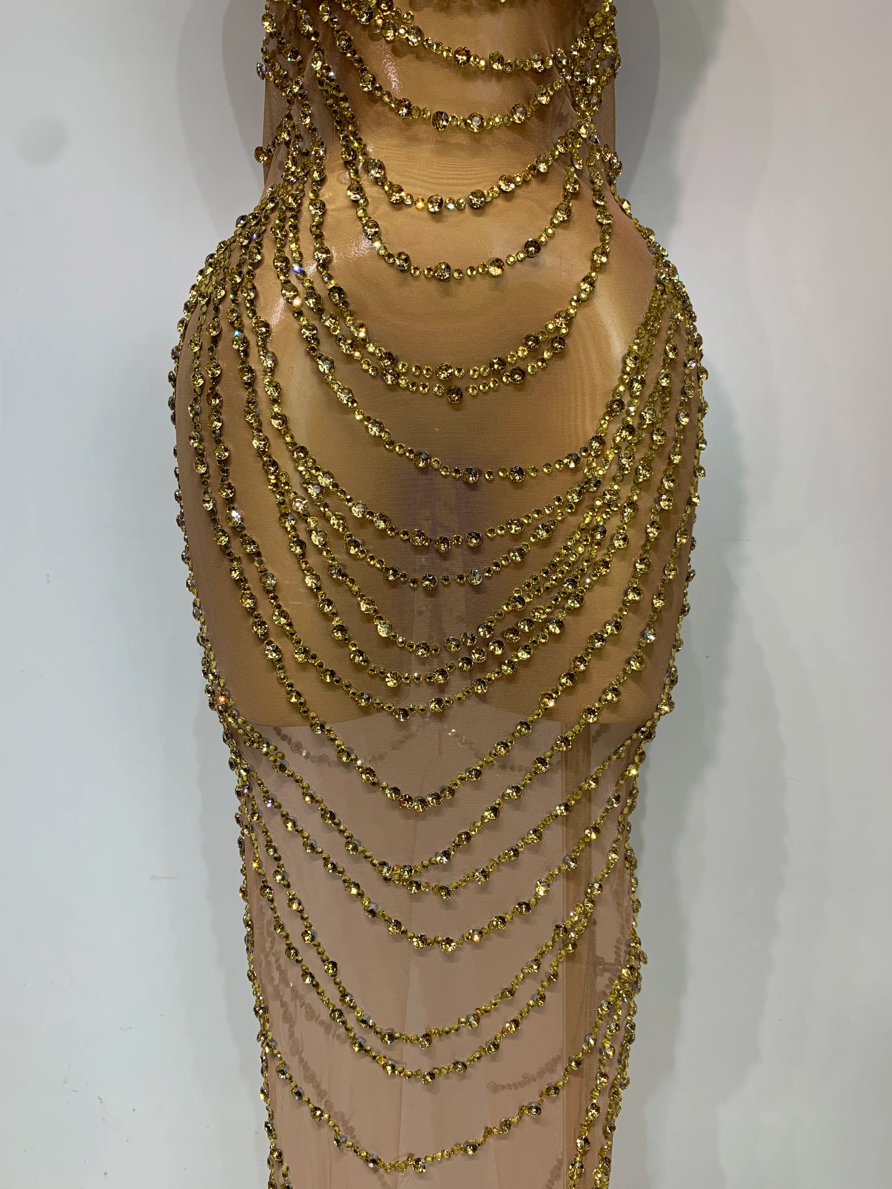 Sparkly Rhinestone Sexy Transparent Mesh Long Dress 2025 Women Luxury Birthday Club Party Gown Stage Singer Performance Costume