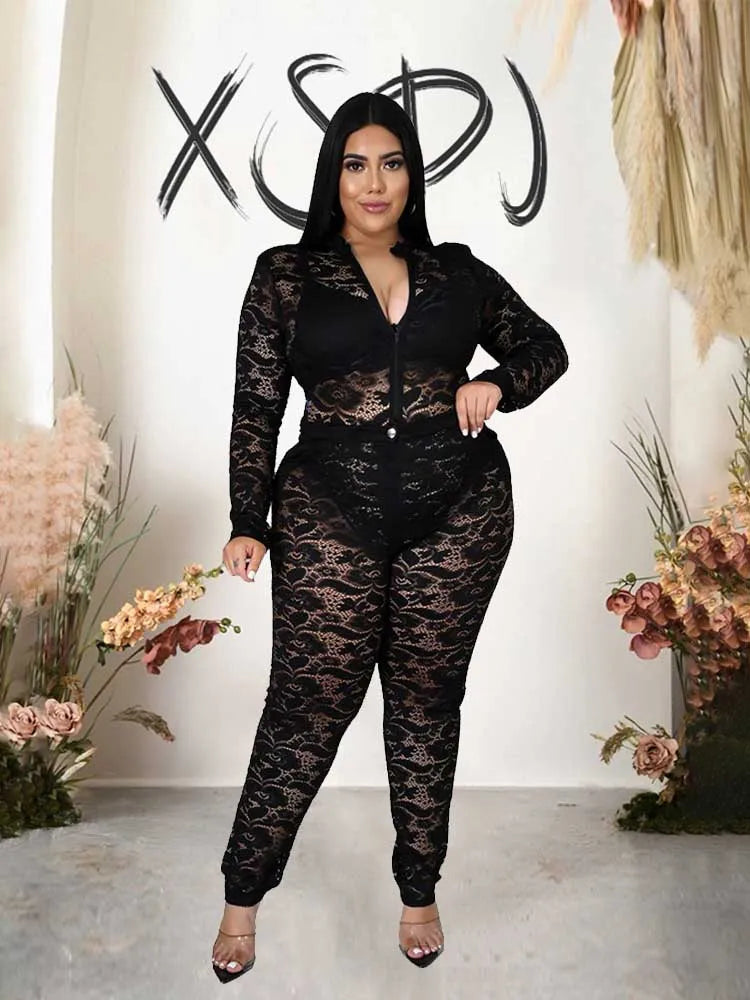 Chic and Elegant Woman Set Night Club Wear Plus Size Women Hot Outfit Transparent Lace Bodysuit and Pants Sexy Festival Outfit