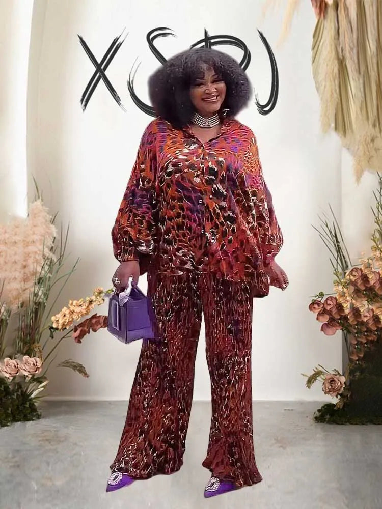 African 2 Piece Sets Women Outfit Loose Casual Long Top Shirt and Pant Set Autumn Plus Size Matching Sets Pleated Trouser Suit
