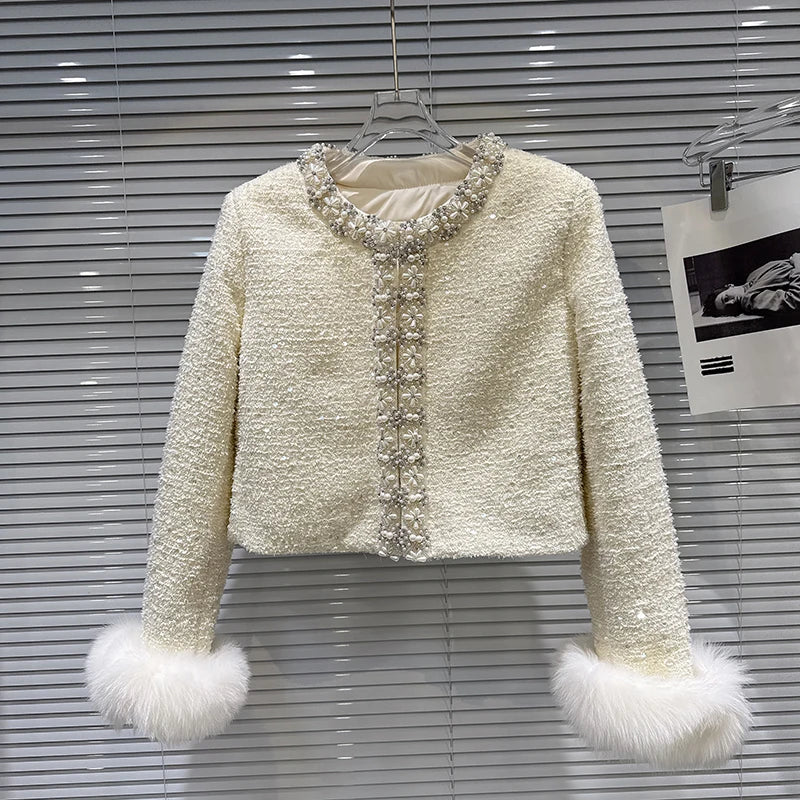 Winter New Fashion Elegant Fox Fur Sleeve Rhinestone Edge Cotton Inner Short Coat For Women High Waist Jacket 11A07769 beige
