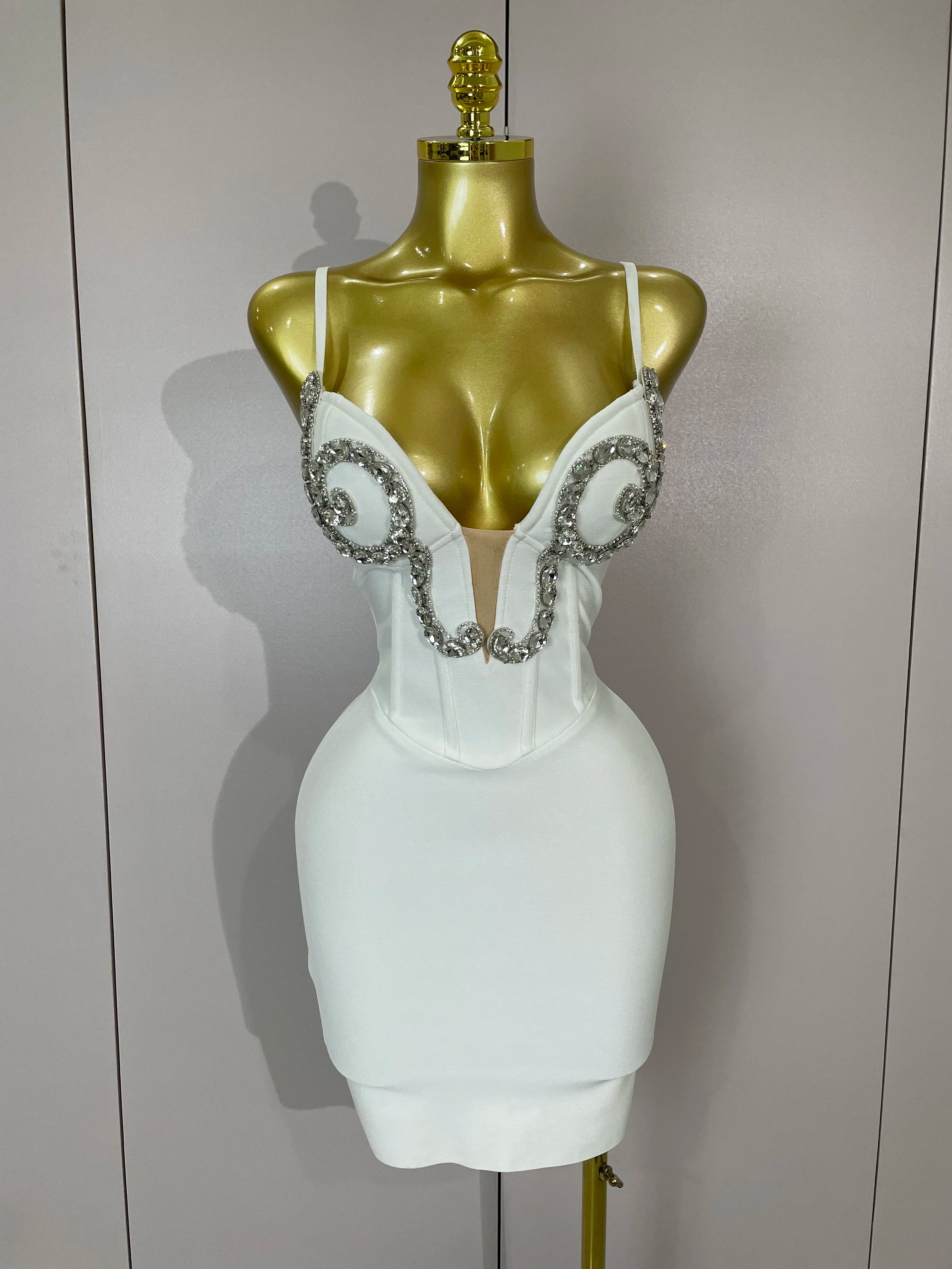 Sexy White Spaghetti Strap V Neck Crystal Sleeveless Bandage Dress Women Elegant Evening Party Cocktail Luxury Birthday Gowns WHITE