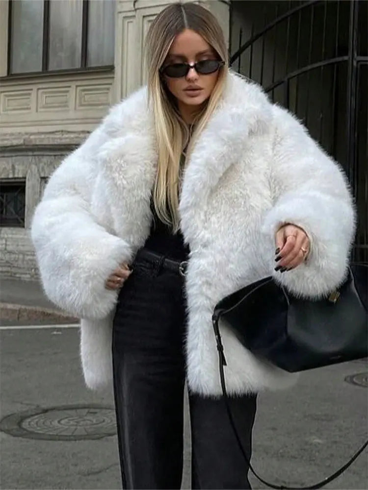 HH Women Fashion Lapel Faux Fur Jackets Elegant Solid Long Sleeves Oversized Coats 2025 Female Winter Fuzzy Warm Outerwear