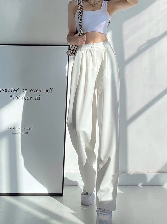 Summer Ice Silk Wide Trousers for Women Loose White Thin Straight Pants Elegant Office Women Baggy Stacked Pants Sweatpants White