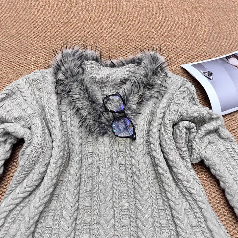 Autumn Winter New Fashion Design Knitted Sweater With Fur Collar Loose Twist Pullover For Women Trendy 11A07787