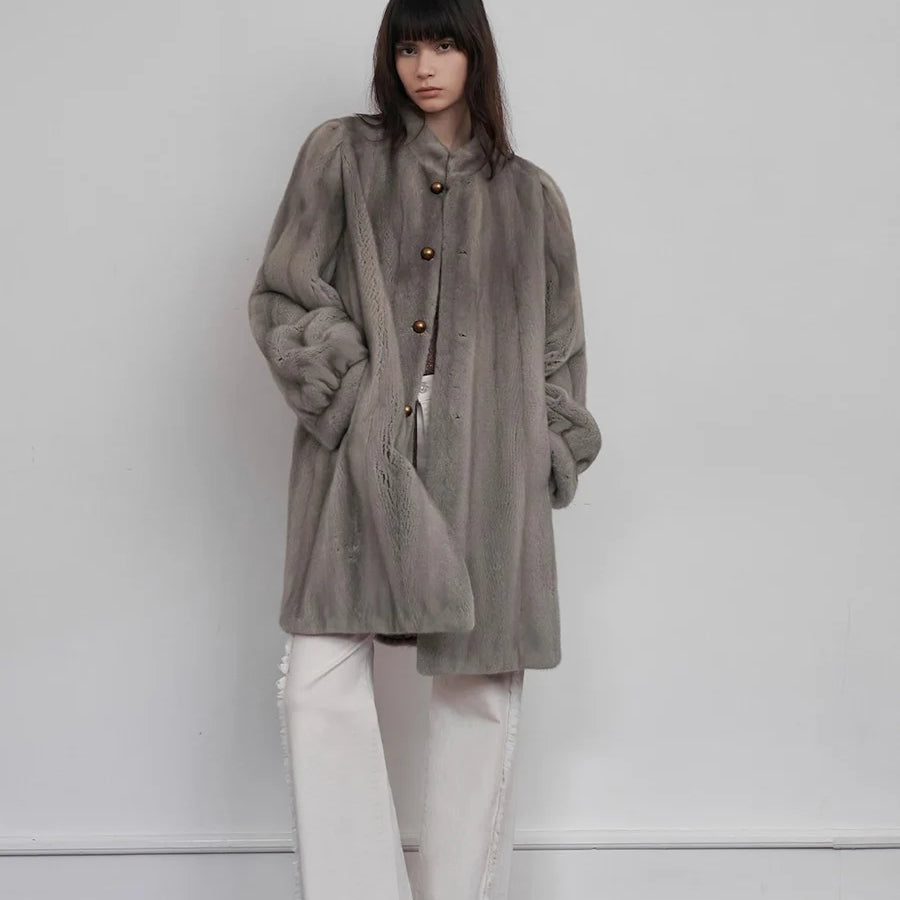 Lautaro Winter Luxury Elegant Thick Warm Fluffy Soft Brown Faux Mink Fur Coat Women Mid-Century Modern Vintage Furry Overcoat