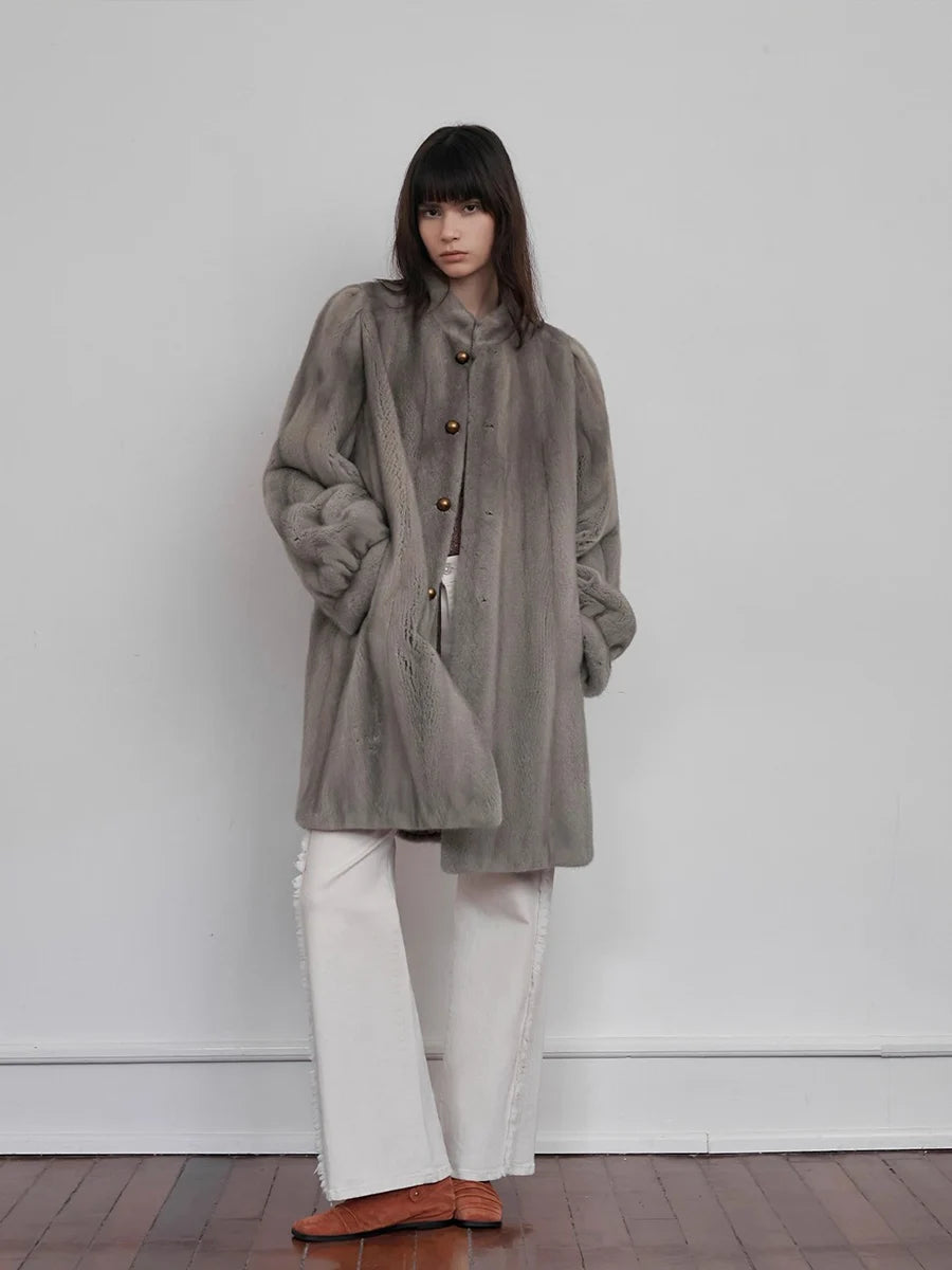 Lautaro Winter Luxury Elegant Thick Warm Fluffy Soft Brown Faux Mink Fur Coat Women Mid-Century Modern Vintage Furry Overcoat