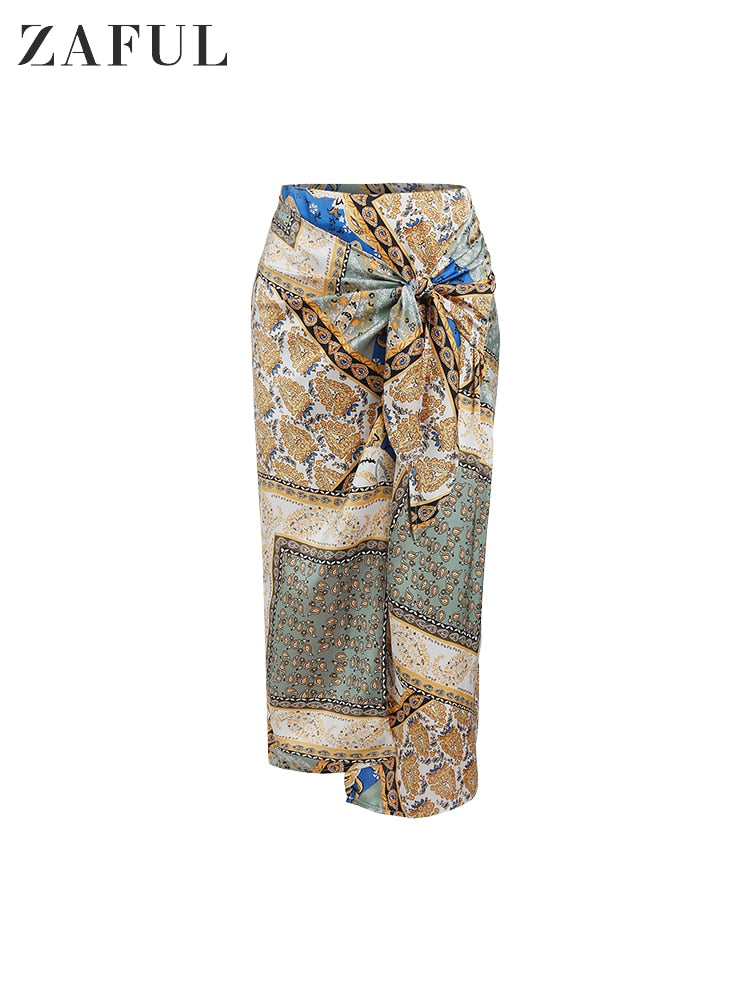 ZAFUL Bandana Paisley Print Tie Midi Sarong-style Skirt Zipper Fly for Women Daily Vacation ZF495489601 Multi B