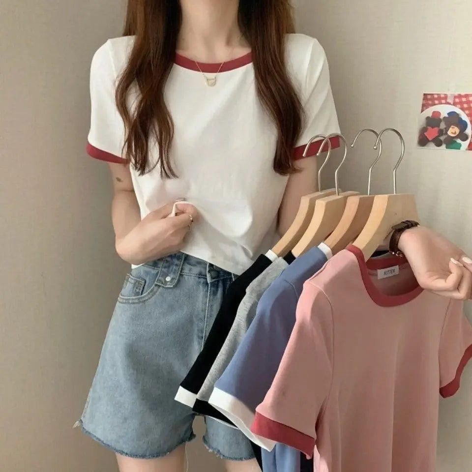 Women Short T-shirts Summer Lady Patchwork Korean Slim Cropped Tee Shirt Tops CDPF-WYP-6762