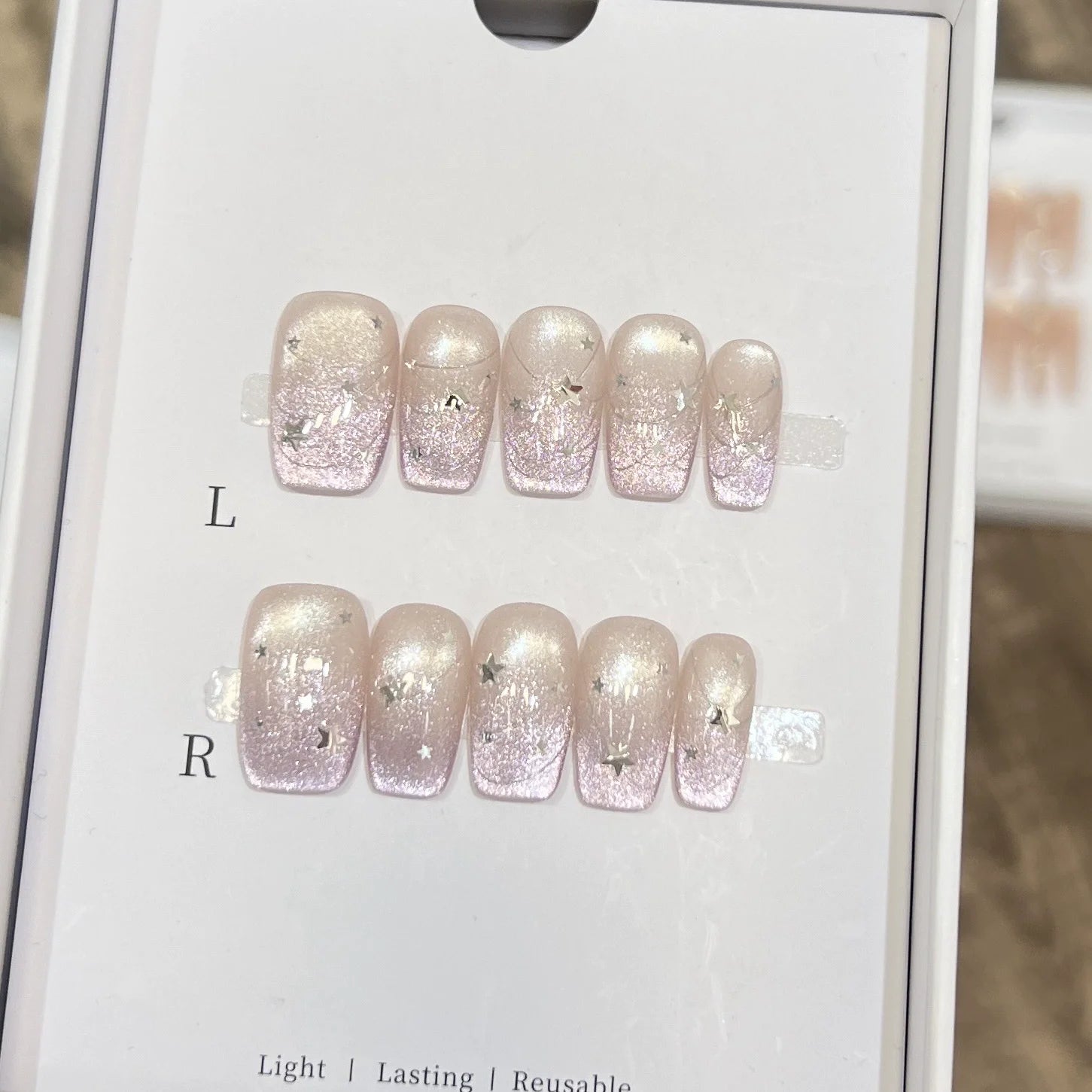 10Pcs Purple Cat Eye False Nail with Glitter Silver Stars French Manicure Nails Mid-length Ballet Elegant Fashion Nail Tips Art