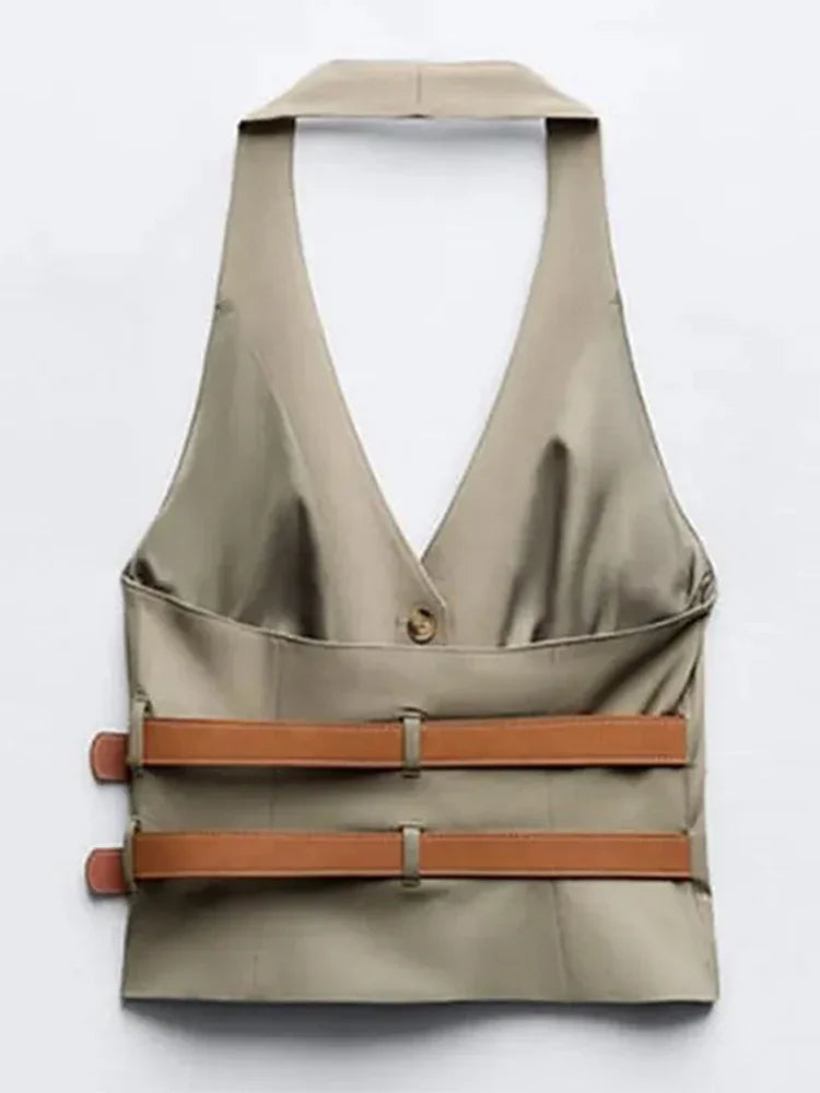 Fashion Leather Belts V-neck Halter Vest Women Elegant Sleeveless Backless Female Tanks Y2k Spring Summer Lady Waistcoat