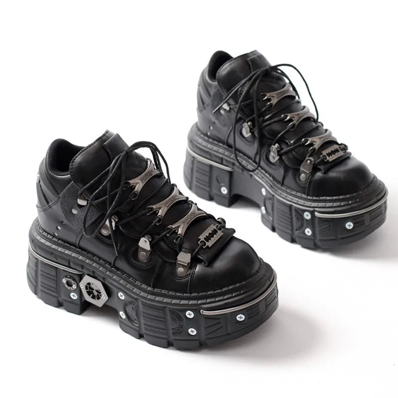 Fashion Women Punk Platform Shoes for Woman's Lace-Up Round Toe Metal Decoration Thin Heels Sneakers Gothic Party Nightclub Shoe