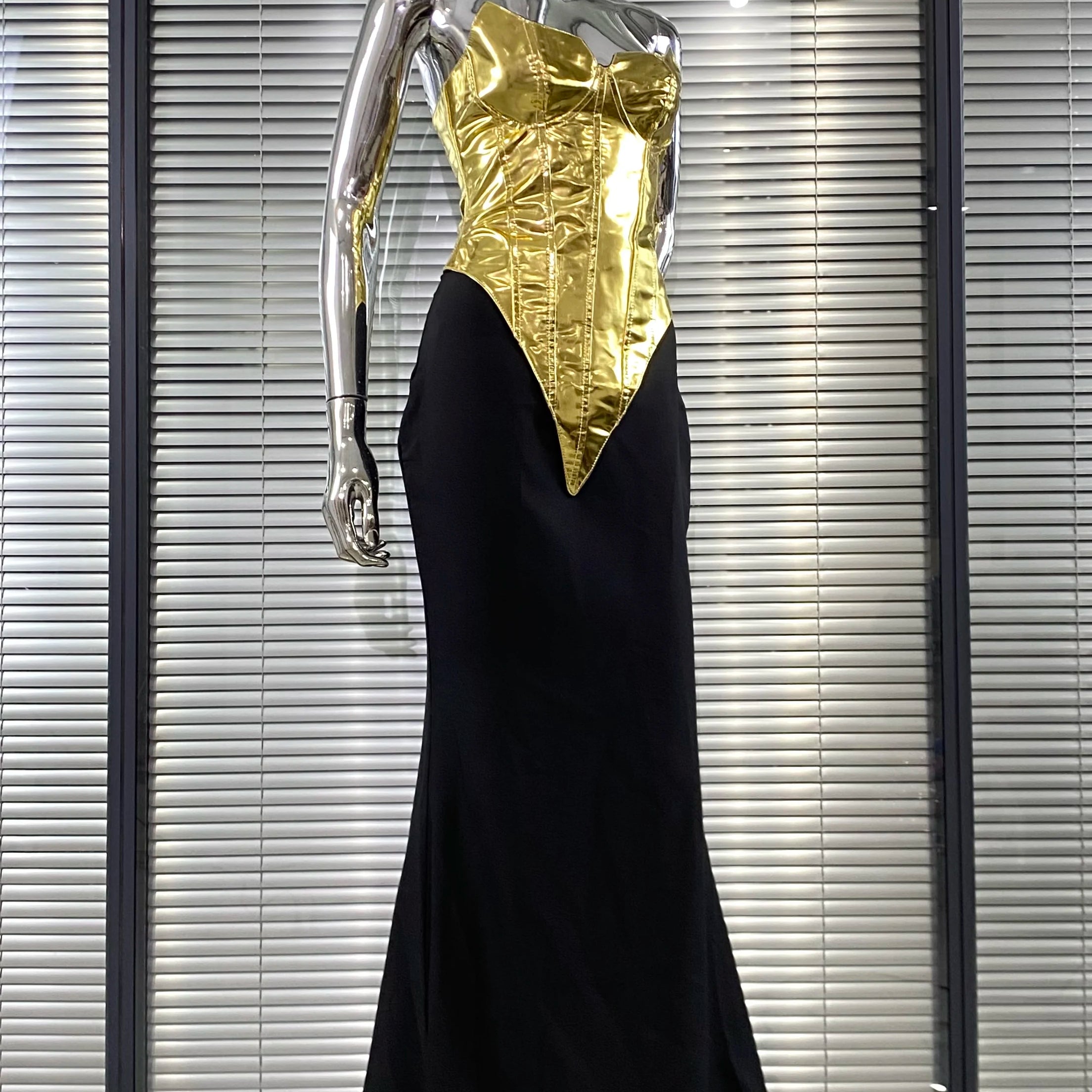 Women Sexy Gold Laced-up Tops Long Maxi Skirt Set Celebrate Evening Party Nightclub Fashion Cocktail Outfit Dress