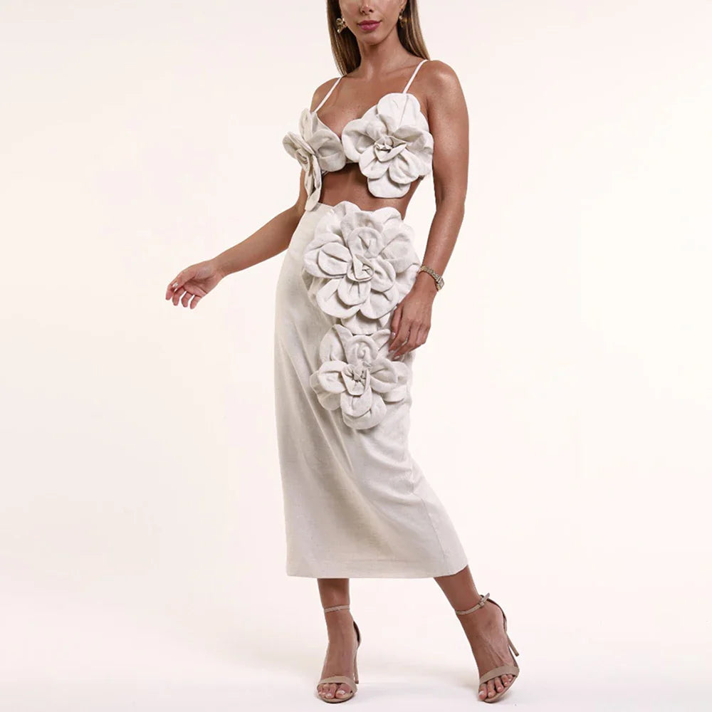 Fashion 3D Floral Bikini and Skirt Women Design Beach Outfits Solid Elegant Swimsuit Luxury Swimwear Bathing Suit Beachwear WHITE