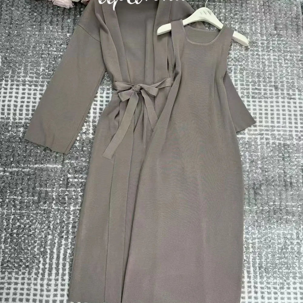 Women's Knitted Long Dress Sets with Polo Collar Long Sleeves Waistband Tie up Cardigan Long Coat+Sleeveless Dress Two Piece Set Khaki