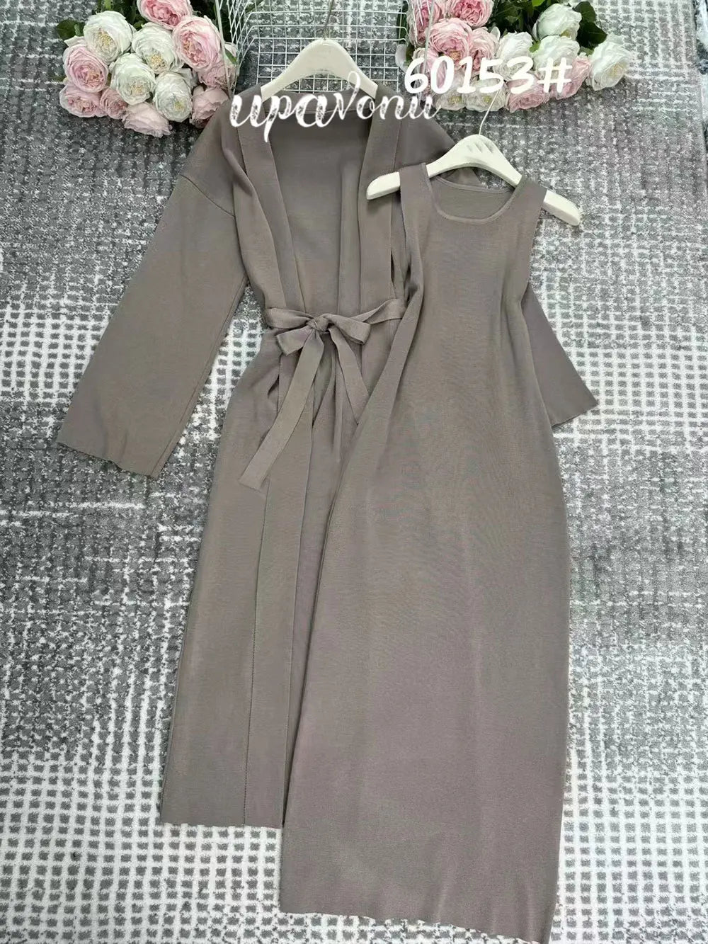 Women's Knitted Long Dress Sets with Polo Collar Long Sleeves Waistband Tie up Cardigan Long Coat+Sleeveless Dress Two Piece Set Khaki