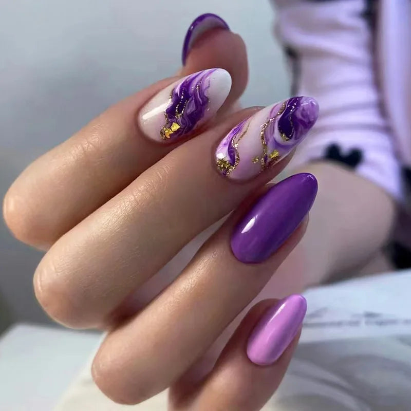 24Pcs 3D Cat-eye Dark Blue Design False Nails with Irregular Lines Spice Girl Detachable Nail Tips Short Oval Nails Set Press On 5
