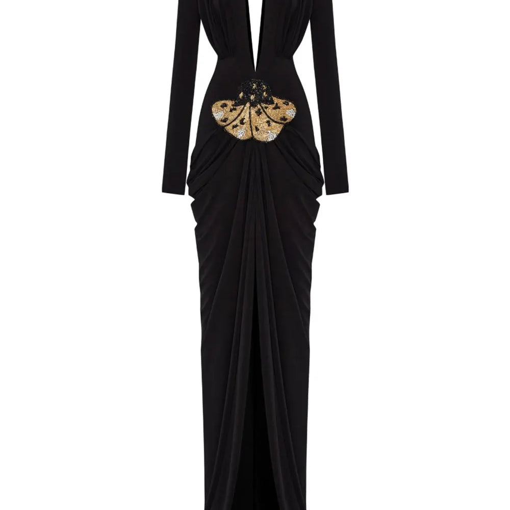 2025 Sexy Women's Light Luxury Maxi Dress Deep V-neck Long Sleeve Three Dimensional Beaded sequin Design Bodycon and Floor Dress