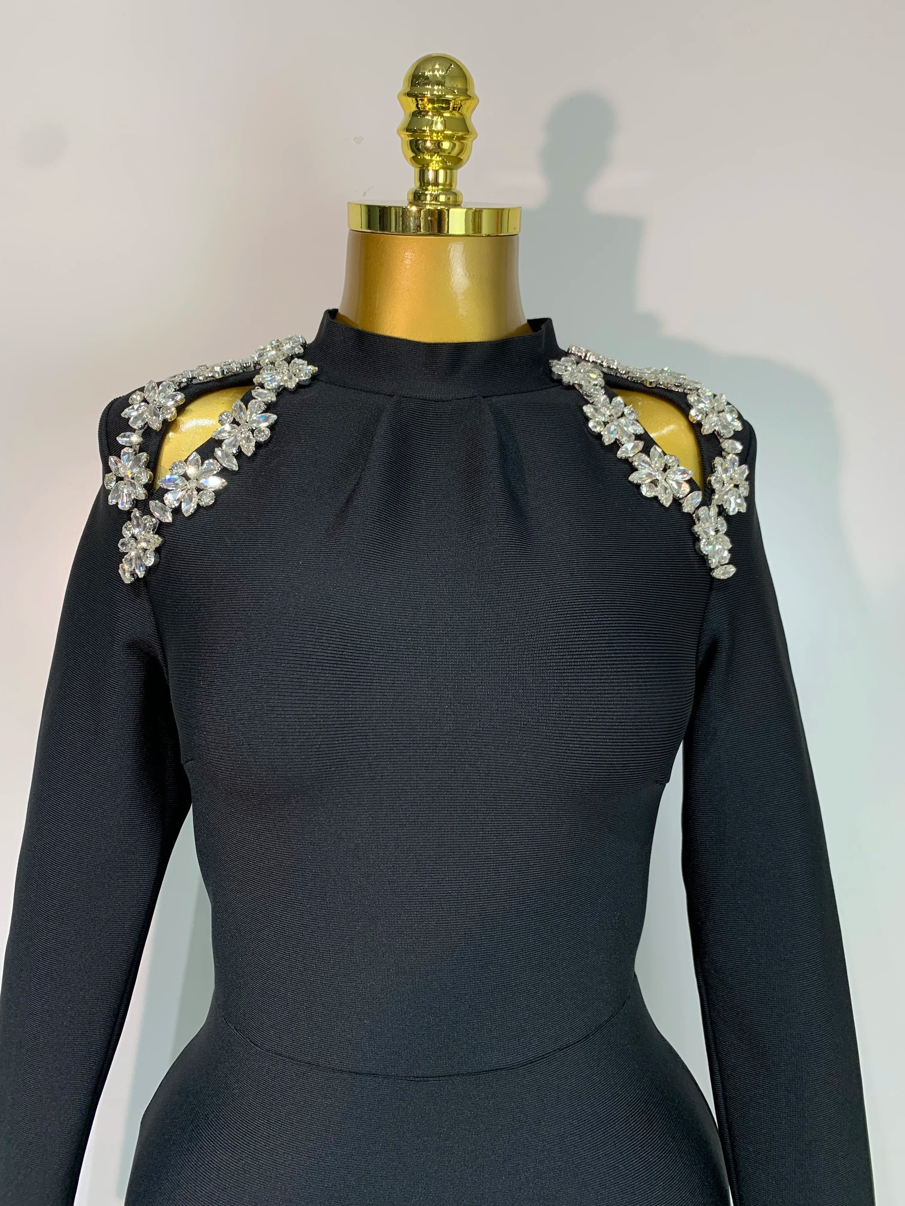 Women Long Sleeve Sexy Shinning Crystal High Split Bodycon Long Bandage Dresses Elegant Evening Party Birthday Cocktail Outfit